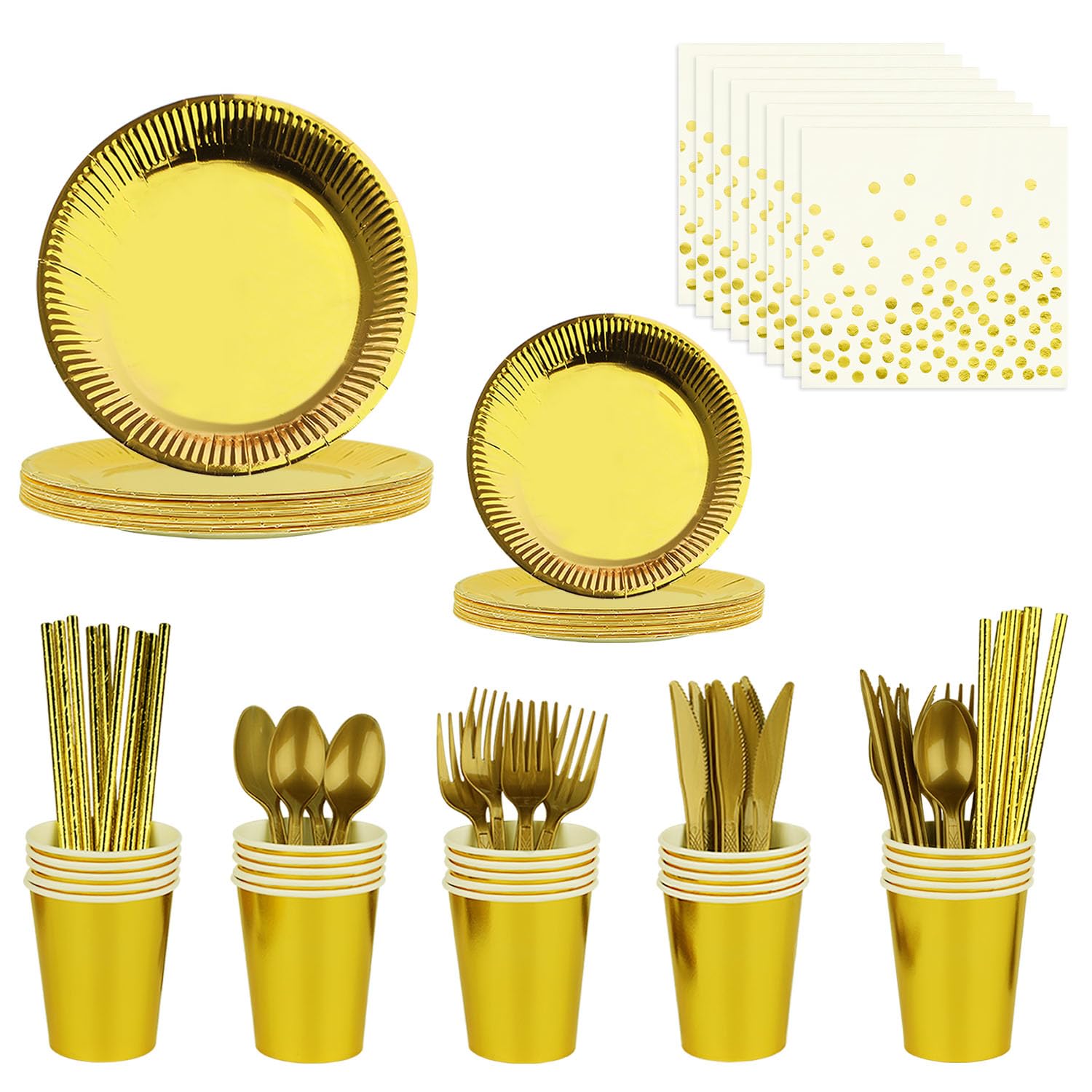 200 Pcs Gold Party Supplies,Disposable Tableware Set,Include Plates Cups knives,forks,spoons,straws and Napkins,Gold Paper Plates Set for Wedding Anniversary Birthday Bridal Shower Party,Serve 25