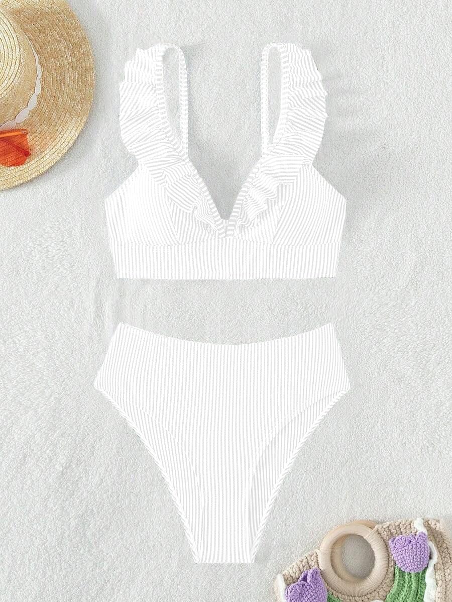 Women's Swimsuits High Waisted Bikini Sets with Ruffle V Neck Bathing Suits for Trendy Beach - Image 3