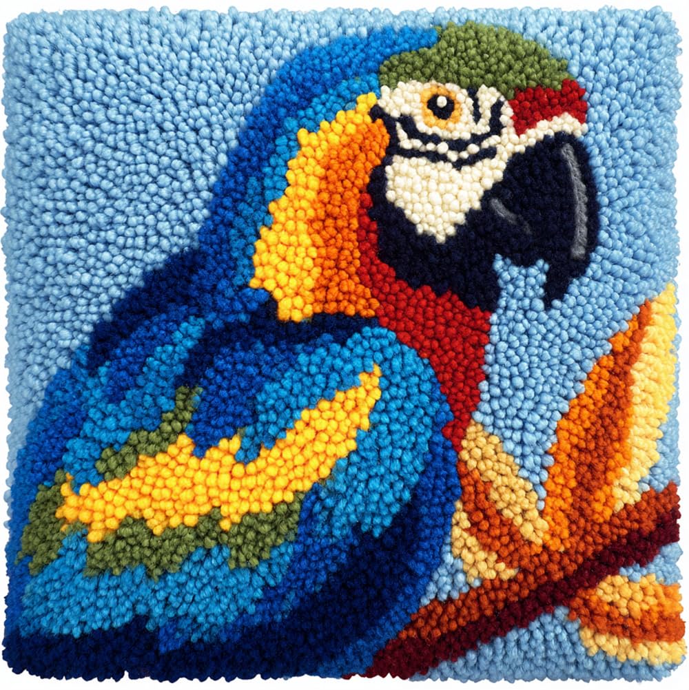 RKFLGEW Latch Hook Pillow Kits for Adults Beginners Colorful Parrot 17X17 in DIY Pre-Printed Latch Hook Rug Carpet Cushion Kits Cross-Stitch Embroidery Cushion Embroidered Pillow for Home Sofa