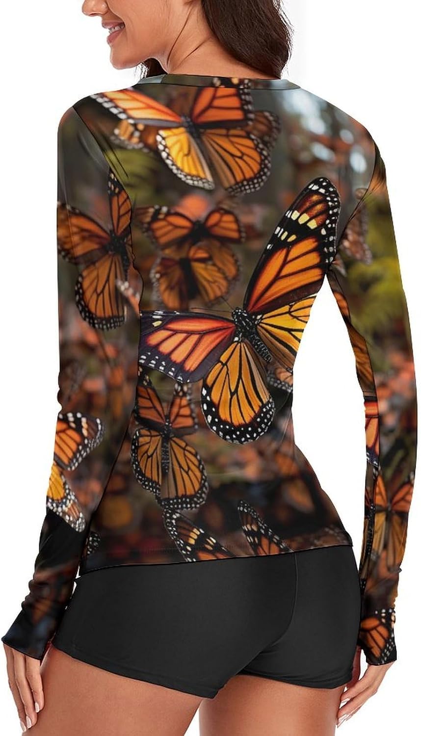 Monarch Butterflies Rash Guard for Women UPF 50+ UV Sun Protection | Long Sleeve Workout Top Quick Dry Athletic Hiking Shirt Moisture Wicking Swim Shirt for Running, Cycling, Swimming