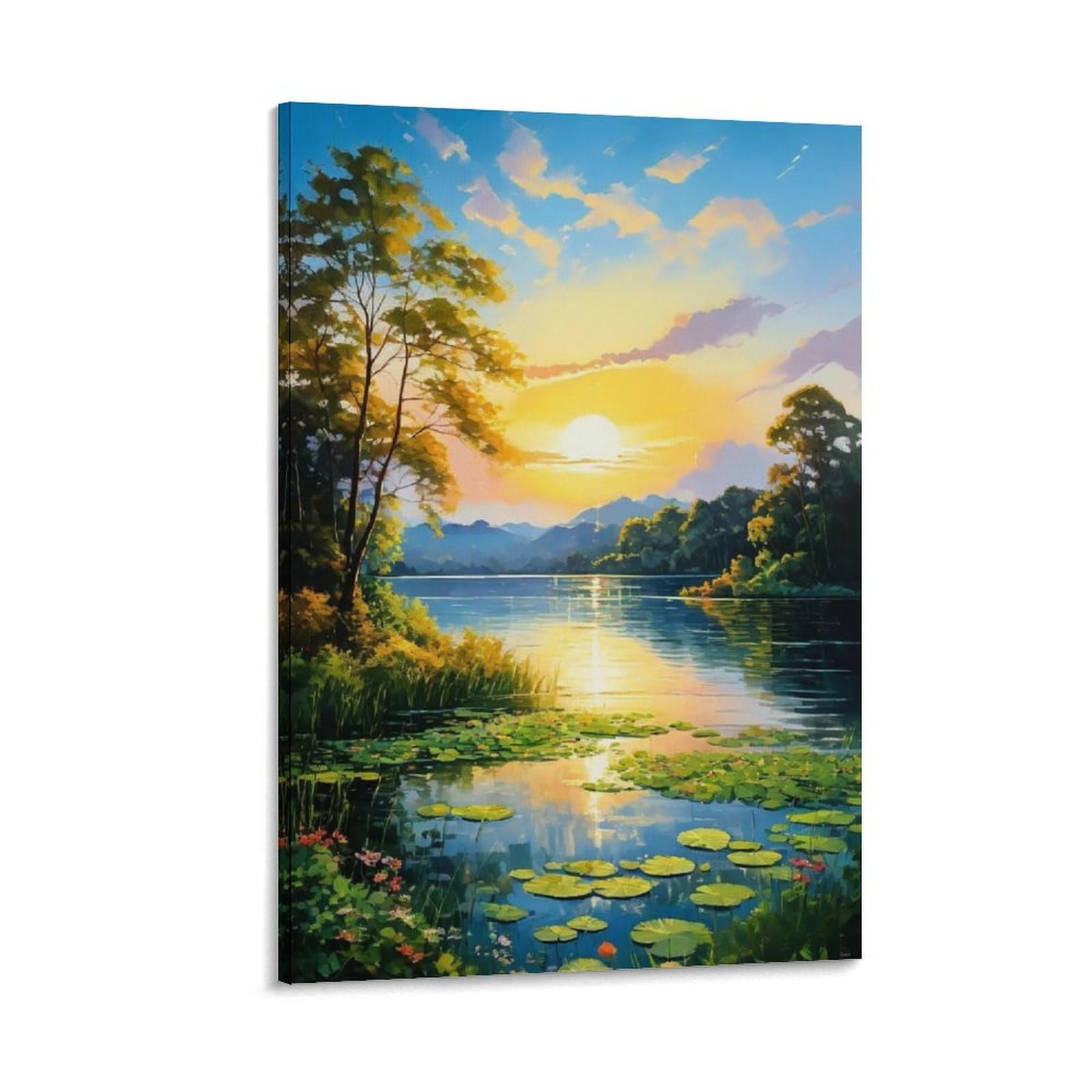 IEJKLUVWX Golden Lakeshore Art Print Warm Hour Waterscape Premium Canvas Easy to Install Ready to Hang for Living Room Sofa Background Housewarming Gift Unique 20x30inch(50x75cm)