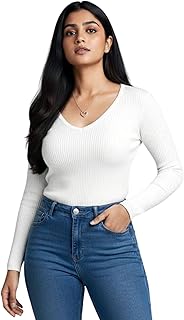 Women’s V Neck Ribbed Full Sleeve Top for Women Stylish Fitted Ribbed Top for Jeans | Casual Office Tops for Women | Weste... Price In India