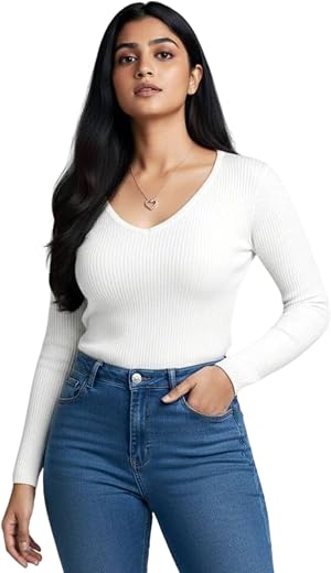 Women’s V Neck Ribbed Full Sleeve Top for Women Stylish Fitted Ribbed Top for Jeans | Casual Office Tops for Women | Weste...