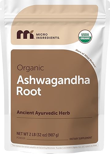 Micro Ingredients Polvo de Raíz de Ashwagandha Orgánico | 2 Libras, Sin Relleno, Sin Aditivos, Altamente Purificado | Con Withanolidos Activos,