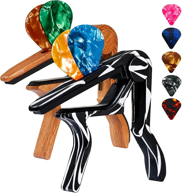 Guitar Capo for Acoustic and Electric Guitars 6-String Acoustic & Electric Guitar Capo(with Pick Holder and 5 Picks),Ukulele,Mandolin,Banjo,Guitar Accessories (Wood+Carbon Fiber)