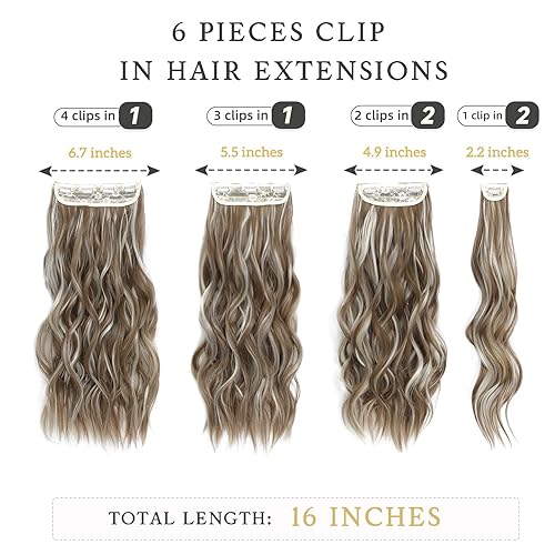 Miniatura 136 de Synthetic Clip in Hair Extensions, 6PCS Natural &Soft Hair& Blends Well Lonng Wavy Hairpieces(20inch,6pcs, Black with Brown Highlights)