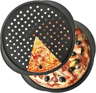 JMIATRY Paquete de 2 bandejas de pizza antiadherentes de 14 pulgadas para horno, sartenes antiadherentes con asas, bandejas de horno de pizza de acero al carbono, color negro