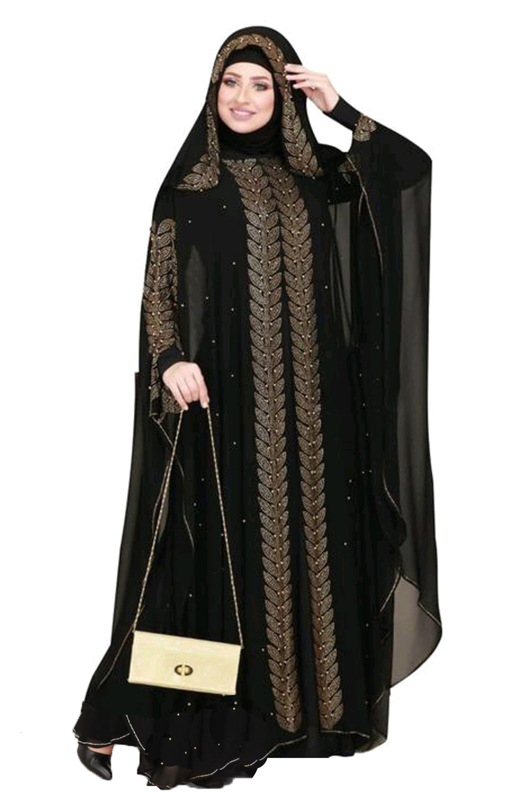 Black Abaya Beads & Stoned Burqa Abaya For Women Elegant Modest Wear Islamic Naqab Farasha Full Length-image-7