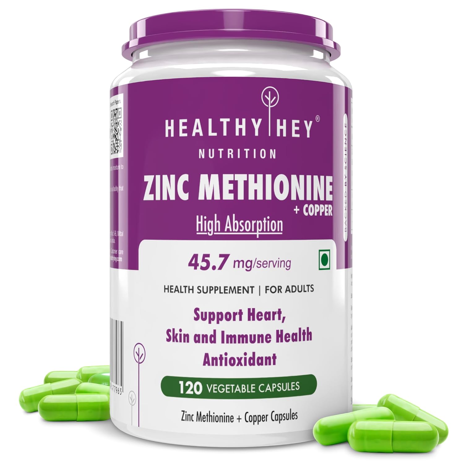 Product image of Healthyhey Nutrition Zinc Methionine Plus Copper, Supports Immune and Antioxidant Protection - 120 Veg Capsules