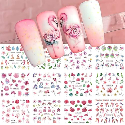 Flamingo Nail Art Stickers Water Transfer Nail Decals Summer Nail Art Decoration Palm Leaves Flowers Cactus Designs Acrylic Nail Stickers Manicure For Women Diy Nails 12 Sheets #TOP6