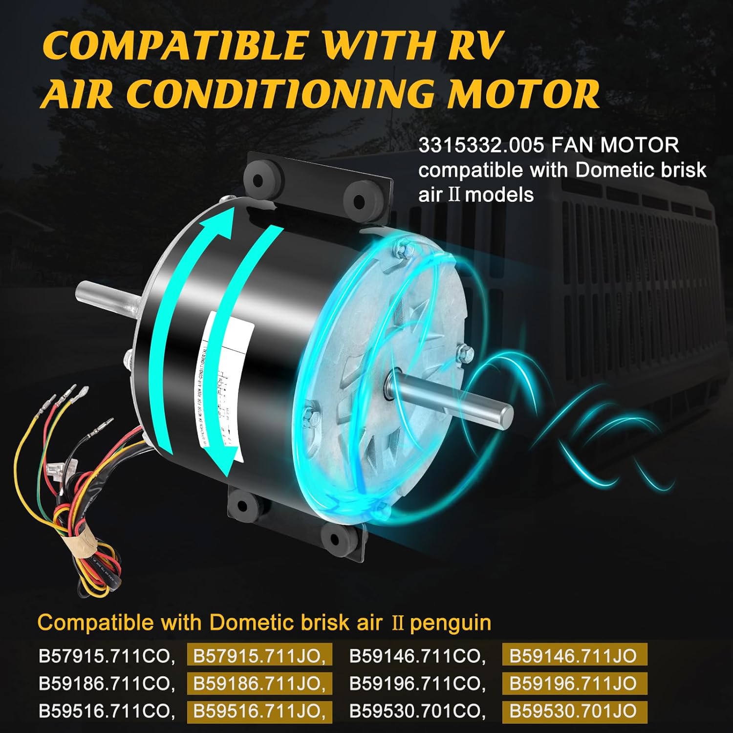 3315332.005 RV AC Fan Motor Replacement for Dometic – Genteq F48AF70A61, 1/5 HP 3-Speed Universal Motor – Compatible with Dometic 3315332.005-1