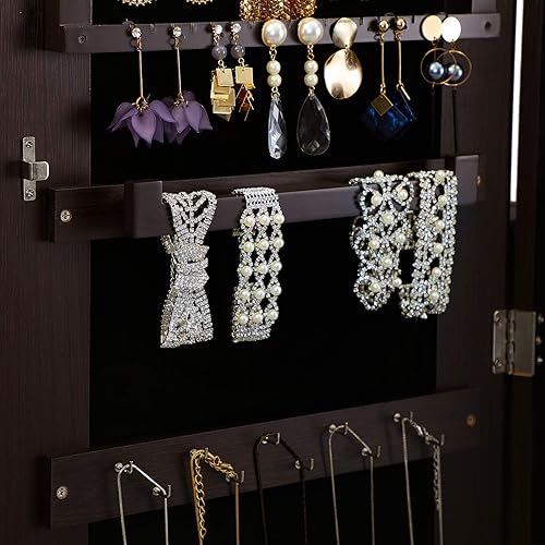 Miniatura 11 de SONGMICS - Armario gabinete de joyería con espejo espejo grande de pie de cuerpo completo organizador de joyas con cerradura color marrón UJJC69BR
