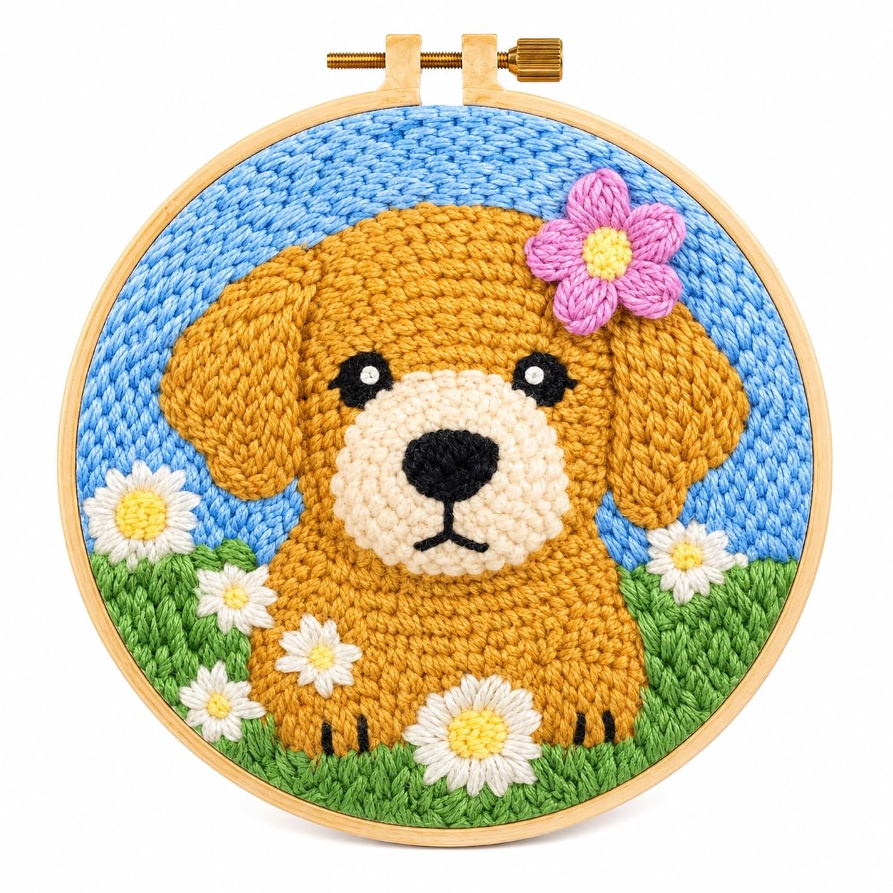 Kit di aghi da punzonatura per principianti: adorabile cucciolo di Golden Retriever fai da te, kit tutto in uno con cerchio, tessuto e filato, regalo facile e decorazione per la casa per adulti e