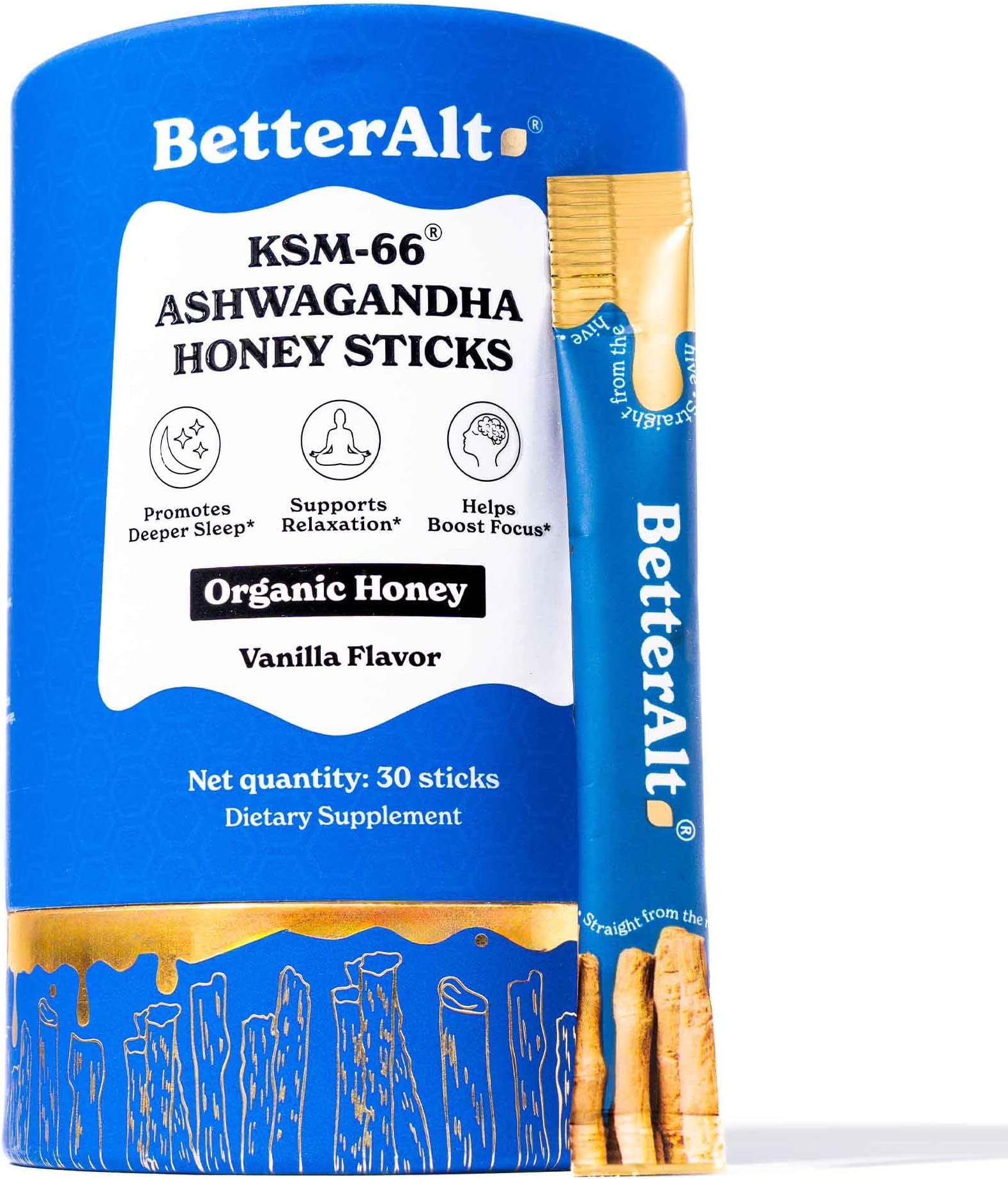 Better Alt KSM 66 Ashwagandha Honey Sticks |Organic Multiflora Himalayan Honey | Helps Promote Relaxation, Focus |1 Month Dietary Supplement