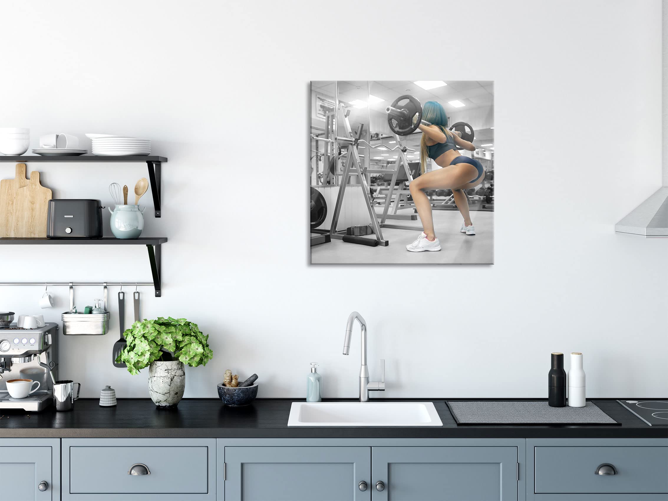 Pixxprint Tableau en verre - Décoration murale sur verre véritable - Femme sportive avec barre d'haltère - 50 x 50 cm - Avec suspension et entretoises