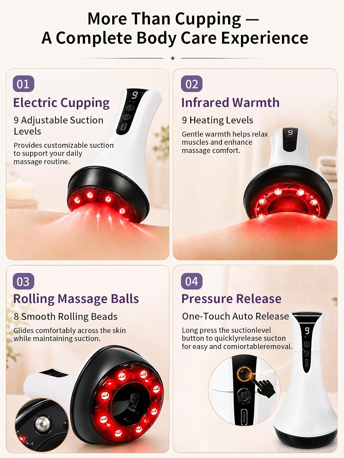 Cupping Massager for Body with Lymphatic Drainage, Heat & Rolling Massage-B