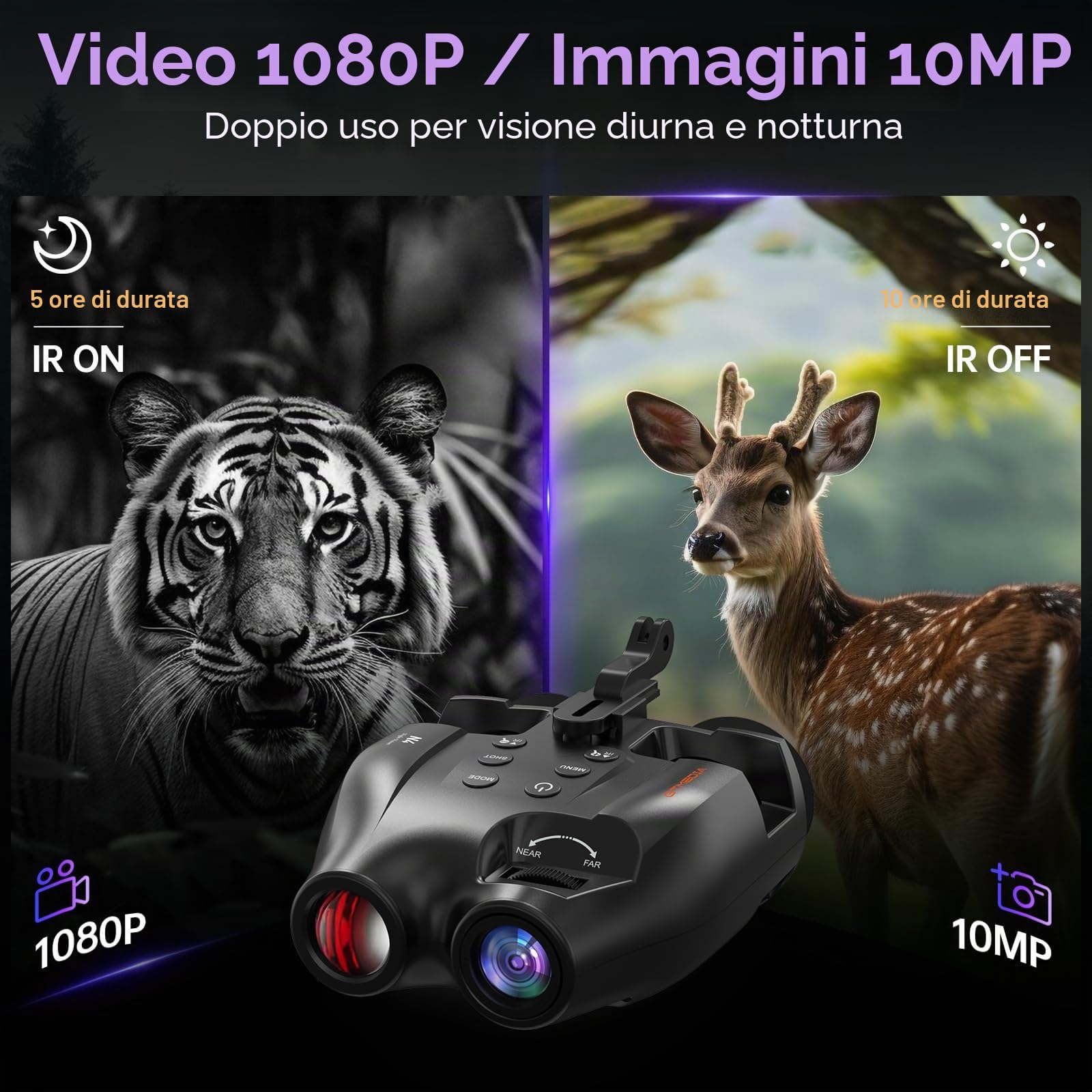 Occhiali per visione notturna, binocolo per visione notturna, visione notturna a mani libere, visione digitale a infrarossi, acquisizione di foto e video per softair, caccia, con scheda TF da 32 GB