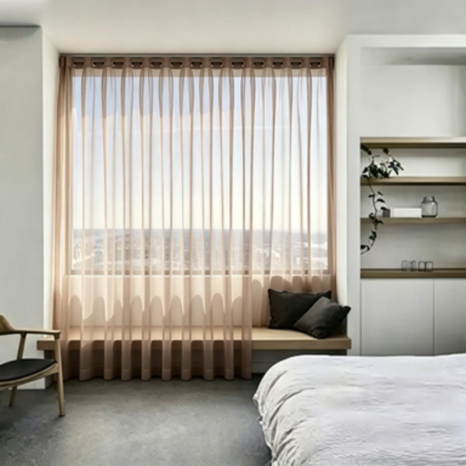 FEIJDON Semi Sheer Curtains 145 x 195 cm Elegant Sheer Tulle, Airy Soft Voile Curtains Lightweight Home Decor Drapes for Floor-To-Ceiling Window, Living Room & Bedroom, Light brown