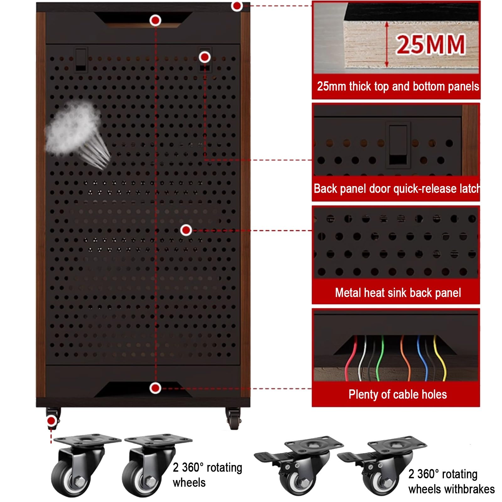 Ruchomy stojak HiFi z regulowanymi półkami, wolnostojąca szafka na media na kółkach, stylowy schowek AV z drzwiami, wykończenie orzechowe, 90 cm (35,4 cala)