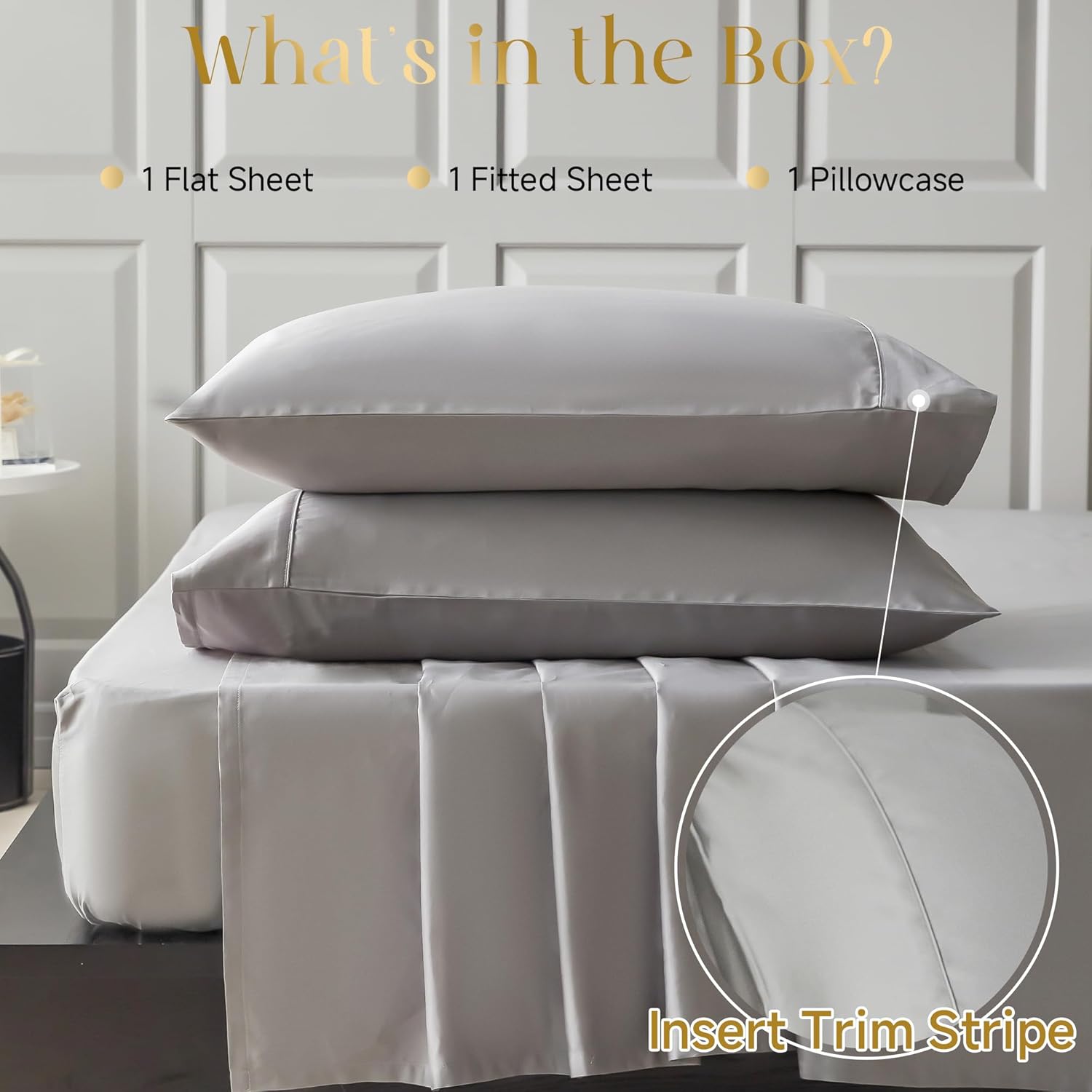 Simple&Opulence 100% Supima Cotton 600 Thread Count Twin XL Sheets -3 Pc Long Staple Pure Soft Sateen Weave Set-16” Deep Pocket Cooling Luxury Silky Bed Sheet with Trim Insert(Grey, Twin XL)