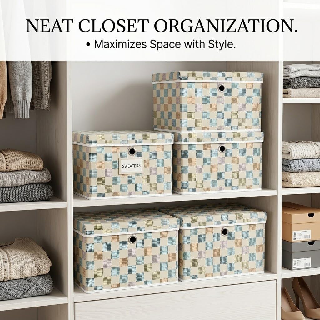 SUREMAX Decorative Storage Boxes with Lids, 16.9x11x11 Inch Pastel Plaid Fabric Storage Box with Lid, Odorless Sturdy Cardboard Insert, Foldable Keepsake Box Small Toy Box for Closet Nursery Shelves