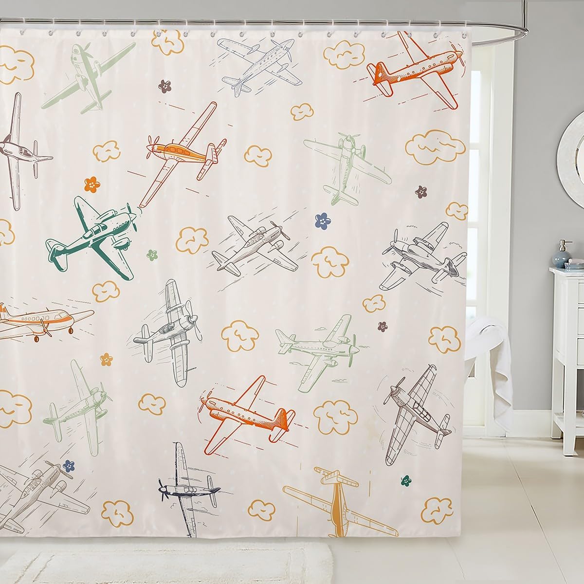 Castle Fairy Colorful Airplane Shower Curtain Cartoon Airplanes Bathroom Shower Curtain Set for Kids Adult Aircraft Sketch Bath Curtain Clouds Waterproof Curtains Room Decor 72 x 72 Inch image 2