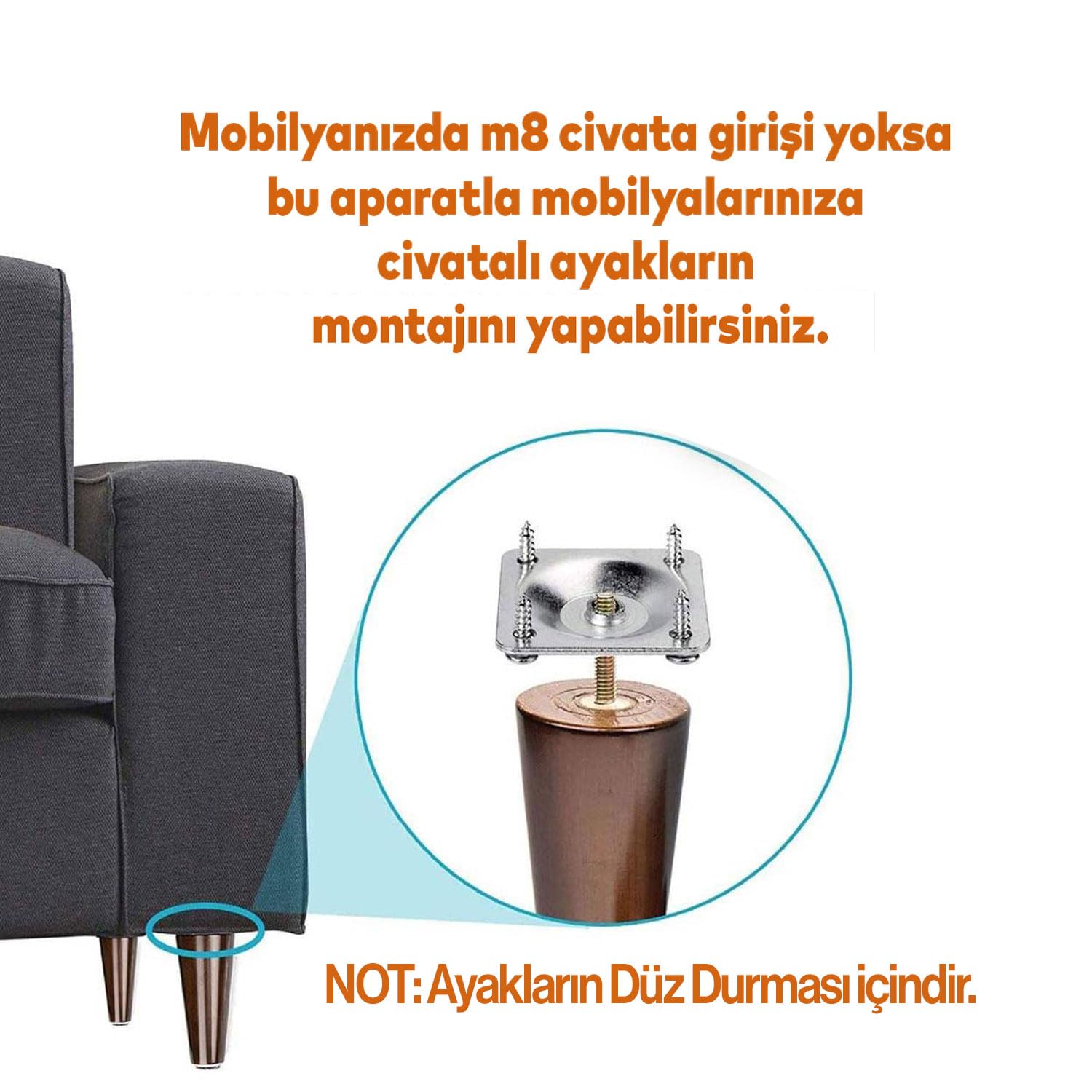 Ahşap Ayak Masa Sehpa Tabure Puf Ünite Mobilya Ayağı M8 Civata 20 cm Ayak+Bağlantı Aparatı 8'li SET