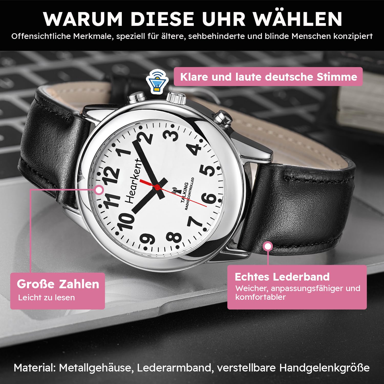 Hearkent Sprechende Uhr mit Deutscher Sprachausgabe, Senioren Armbanduhr, Blinden Uhren, Sehbehindertenuhr