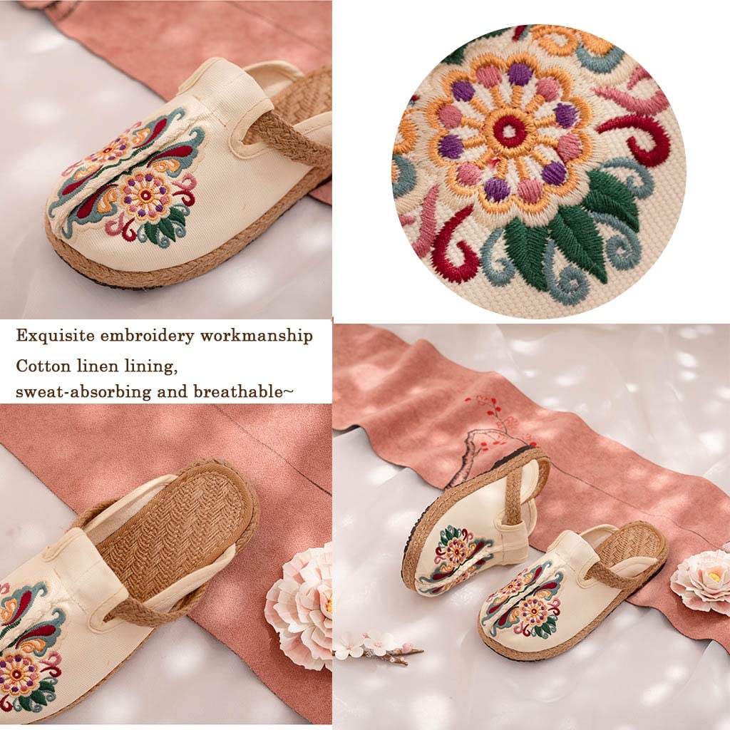 Damen-Mary-Jane-Schuhe aus Baumwolle, bestickte chinesische Damen-Hausschuhe, Sommer-Espadrille-Sandalen, Flache Schuhe, Garten-Clogs, Haus-Loafer für Damen (Farbe: Weiß, Größe: EUR37/38)