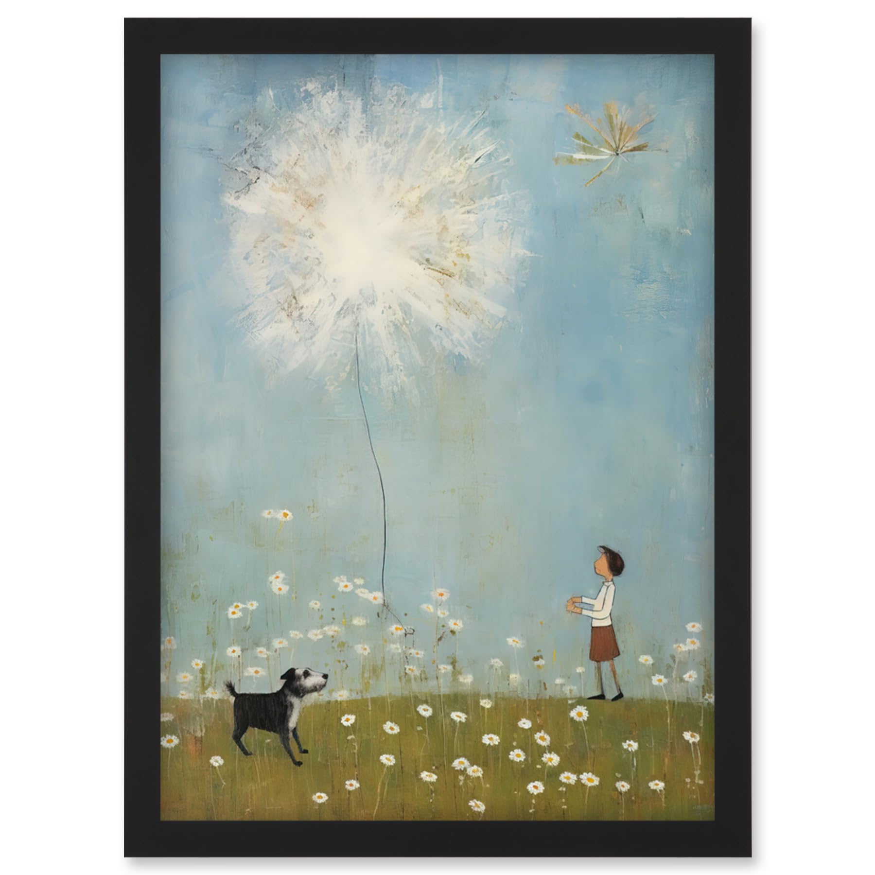 Artery8 Chasing the Giant Dandelion Dream Artwork Giant Wish Oil Painting Kids Bedroom Child and Pet Dog in Daisy Field Artwork Framed Wall Art Print A4