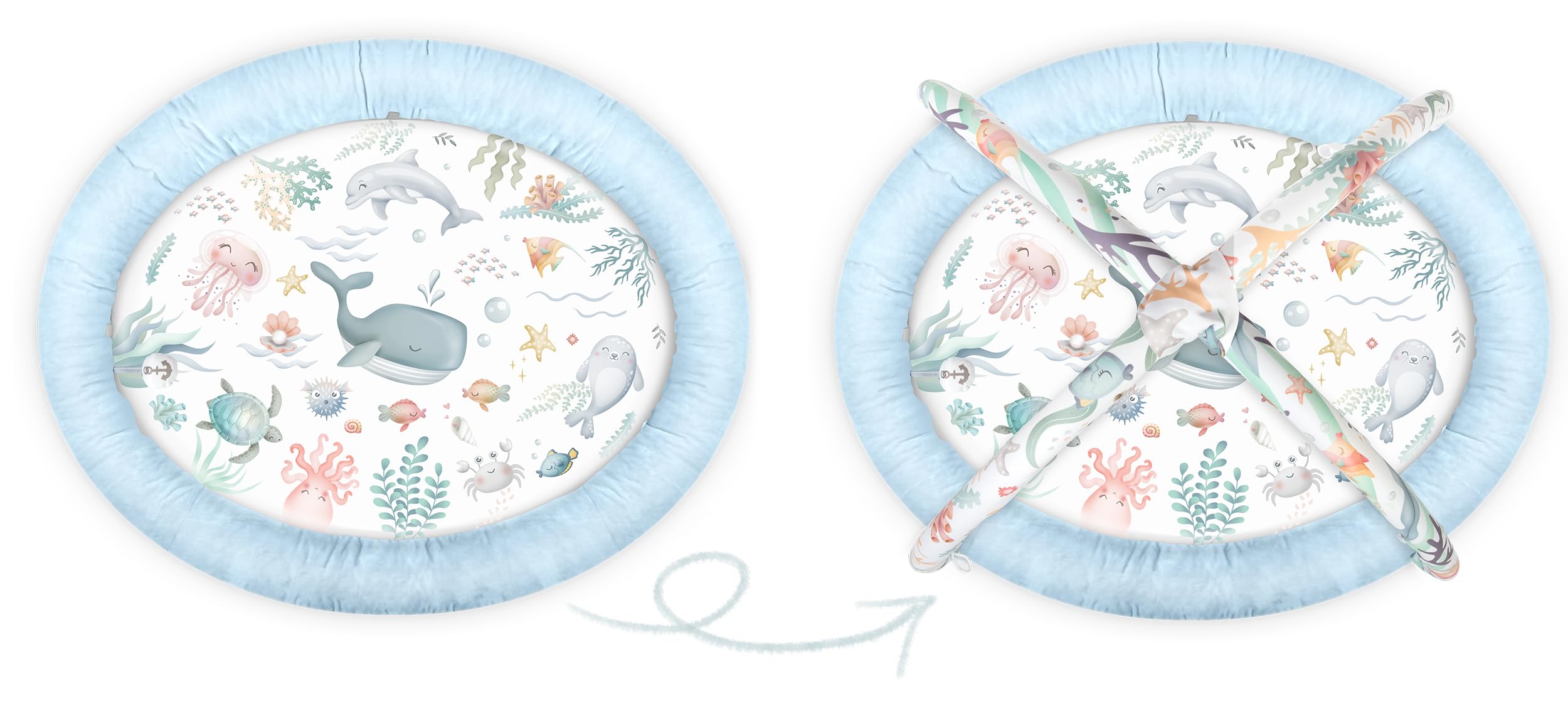 Nukido Gimansio De Actividades para Bebé Evolitivo Alfombra De Juegos con Arcos Extraíbles 7 Juguetes Multifuncionales Almohada Suave Desarrollo Sensorial Coordinación Mano-Ojo Plegable Azul Ocean