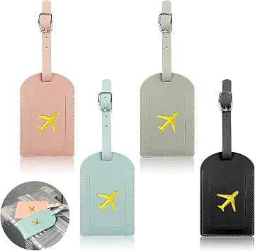 4PCS Leather Luggage Tags,Personalised Durable Travel Tags, Suitcase Identifier Labels, Adjustable Bag Tags with Privacy Protection Cover, Luggage Labels for Varied Bags, Gift Option