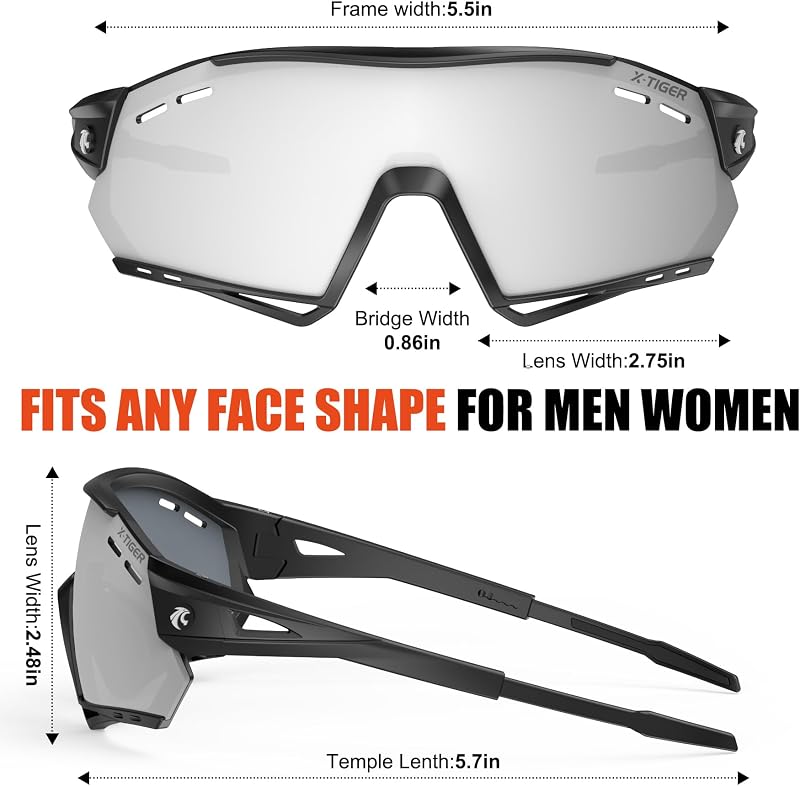 X-TIGER Kerékpáros Szemüveg UV400 Védelemmel, 5 Cserélhető Lencsével, Unisex Sport Szemüveg TR90 Kerettel Biciklizéshez