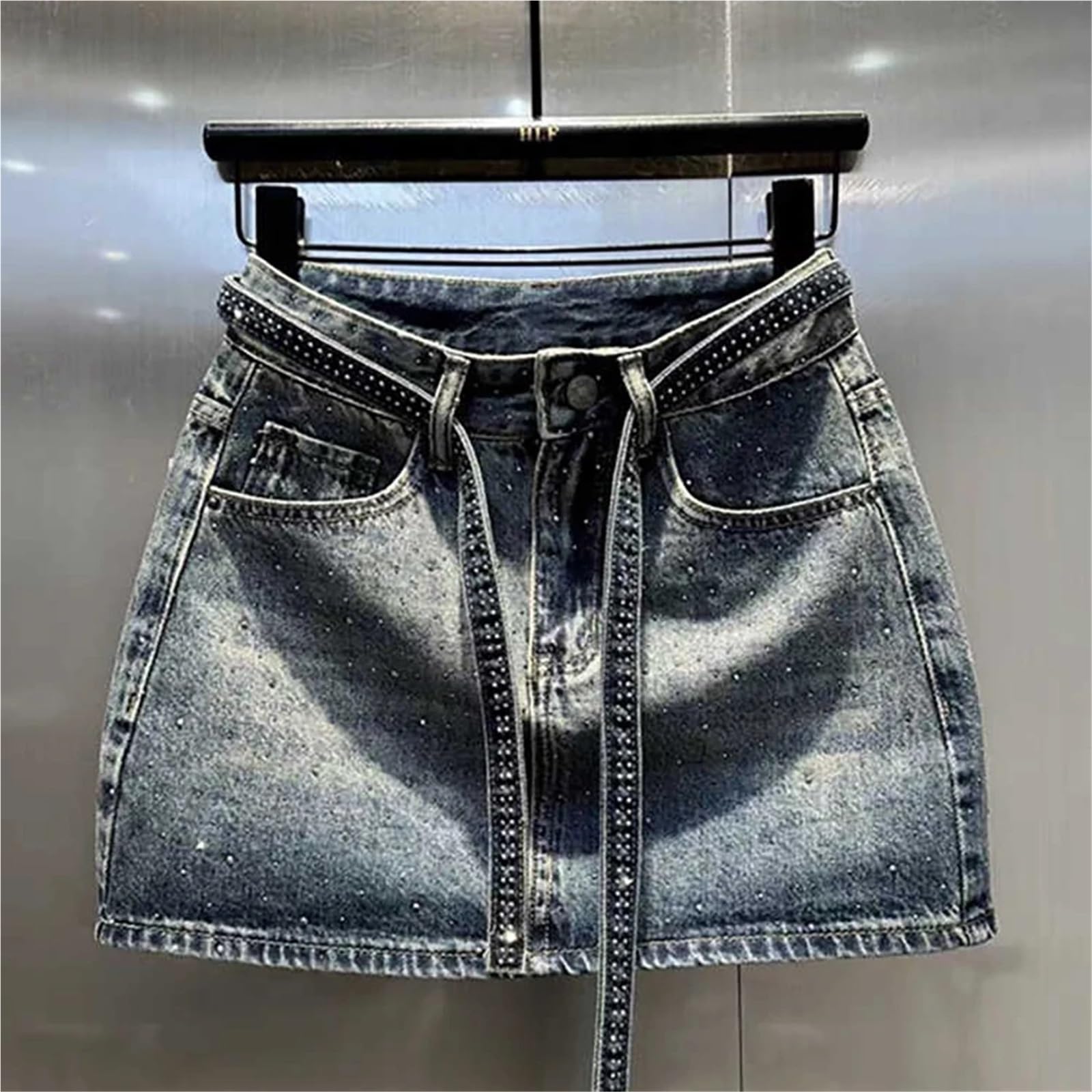 Minigonna in Denim con Diamanti retrò Oversize da 1 Pezzo for Le Donne, Vita Estiva, gonne Sottili Rivetti Lucidi, Jean sfumate per Vacanze E Feste