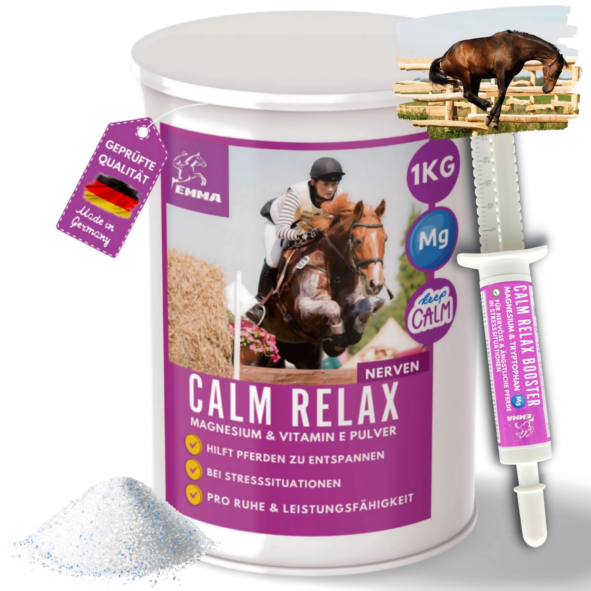 Magnésium Cheval 1Kg 30ml Calm Relax Poudre + Booster avec magnésium Vitamine E I Contre anxiété & Stress I Anti Stress apaisement nerfs nervosité & réduction du Stress pour Transport Chevaux nerveux