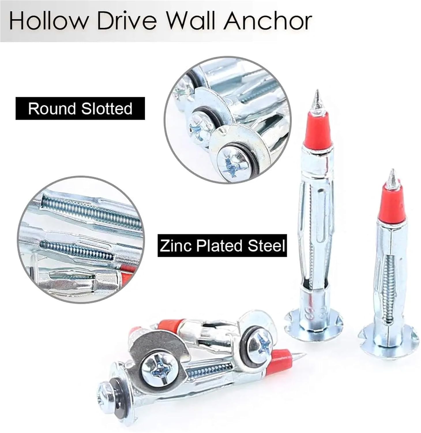 Hollow Wall Anchors 100PCS Hollow Wall Drive Anchor Screw Sleeve Red Pointed Expansion Rivets Cross Galvanized Steel Anchoring Fasteners(35mm)