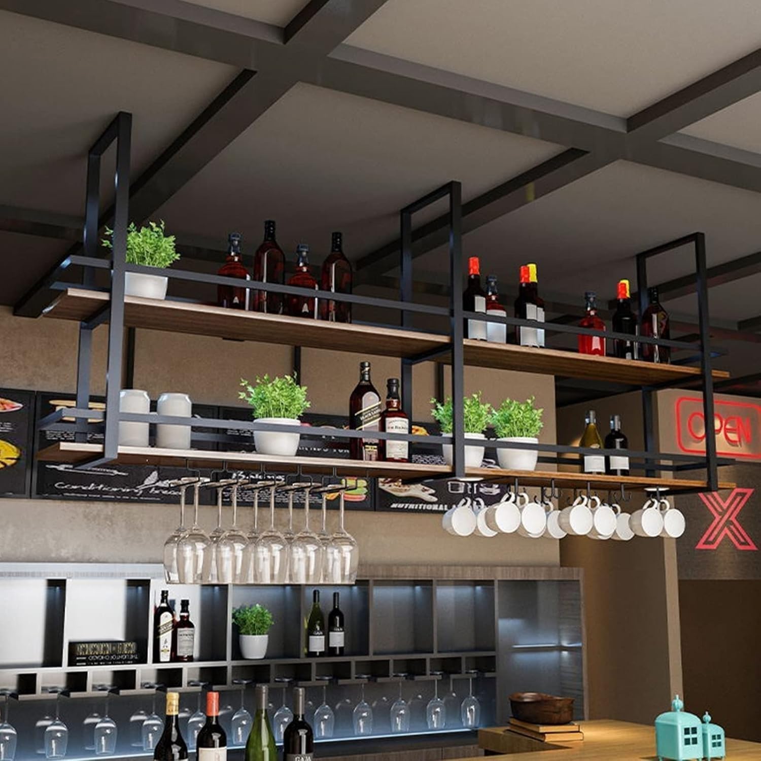 Porte-vin suspendu en bois et métal pour cuisine moderne et bar