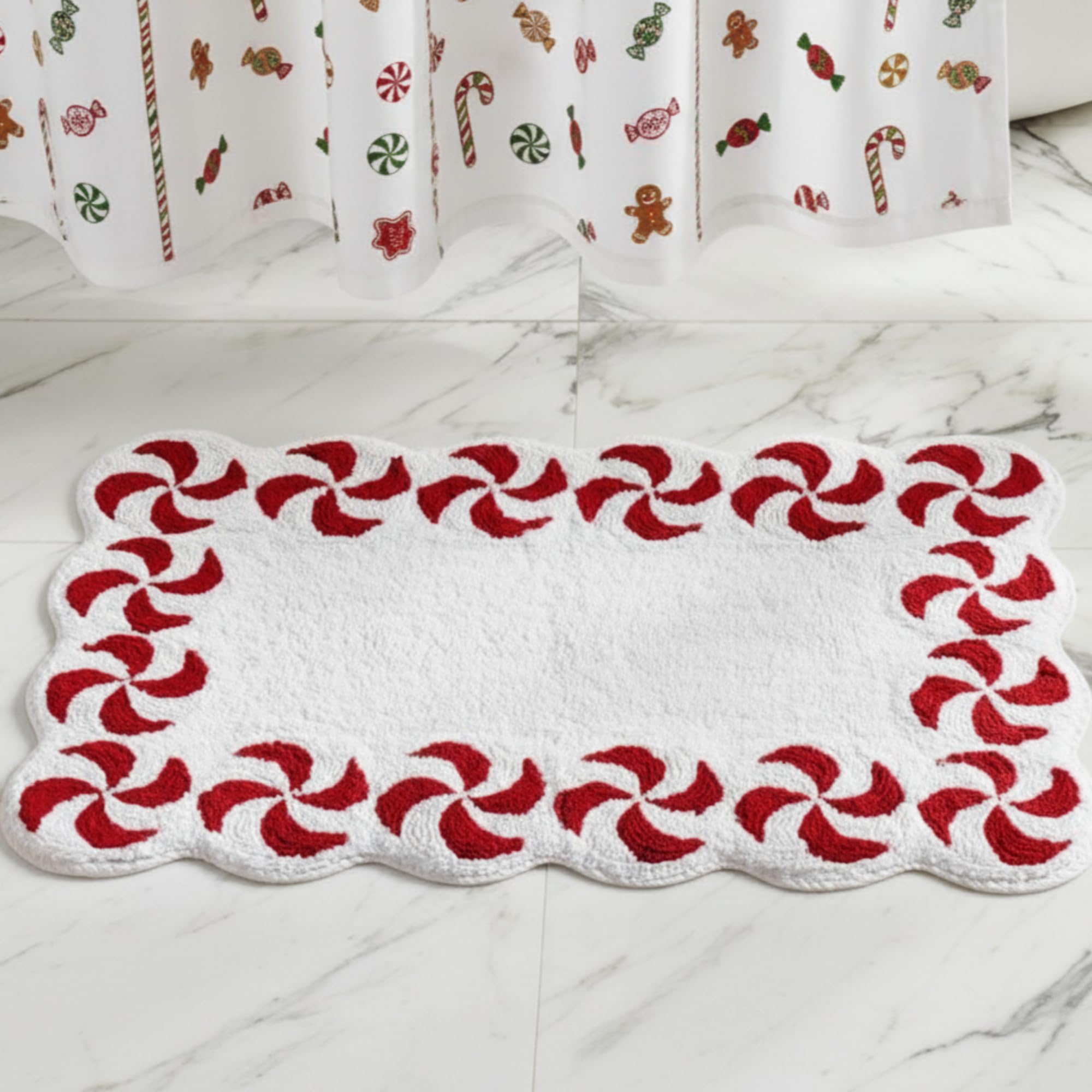 Tapis de salle de bain festonné rouge et blanc motif bonbons Noël floqué doux
