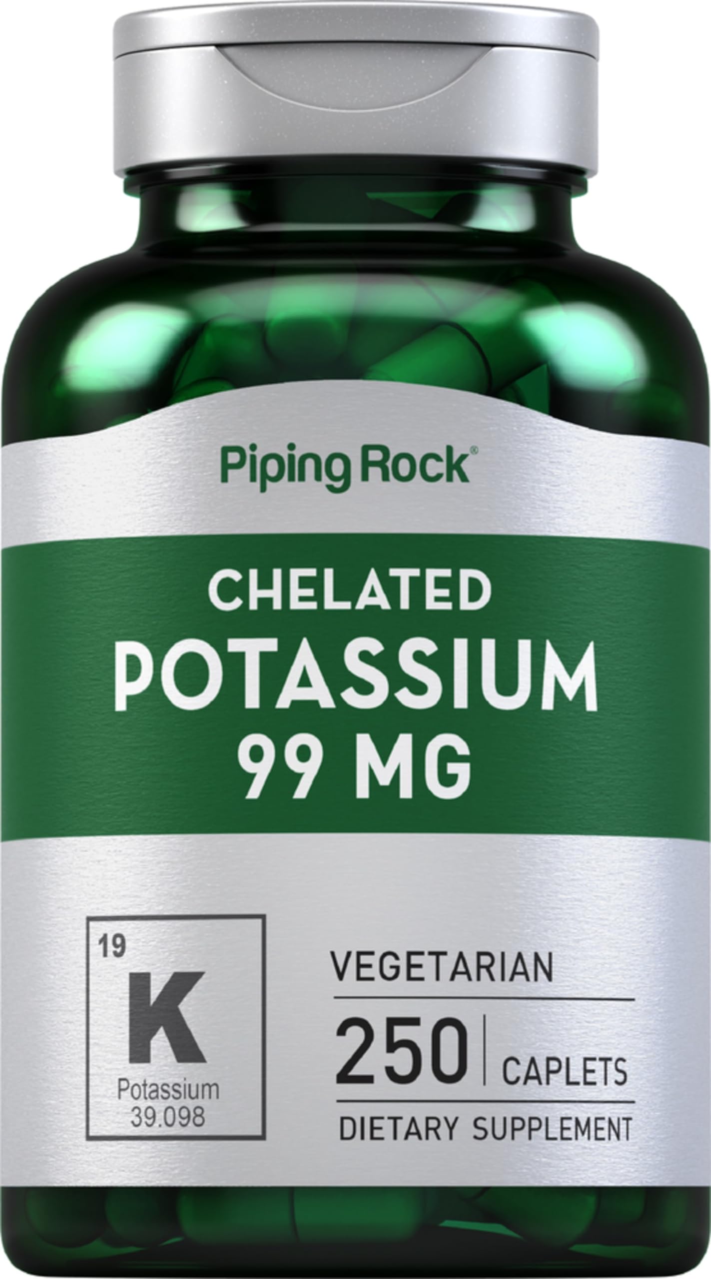 Piping RockChelated Potassium Supplement 99 mg | 250 Caplets | Potassium Gluconate | Vegetarian, Non-GMO, Gluten Free |