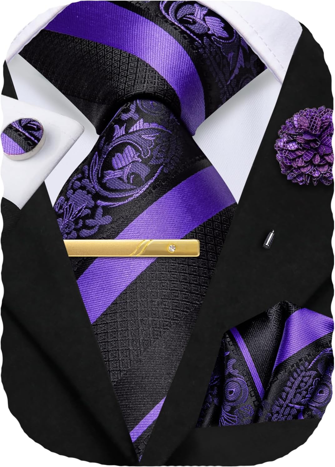 Hi-Tie Men's 63" 70" Extra Long Silk Ties with Pocket Square Cufflinks Set for Big and Tall Men Wedding Business