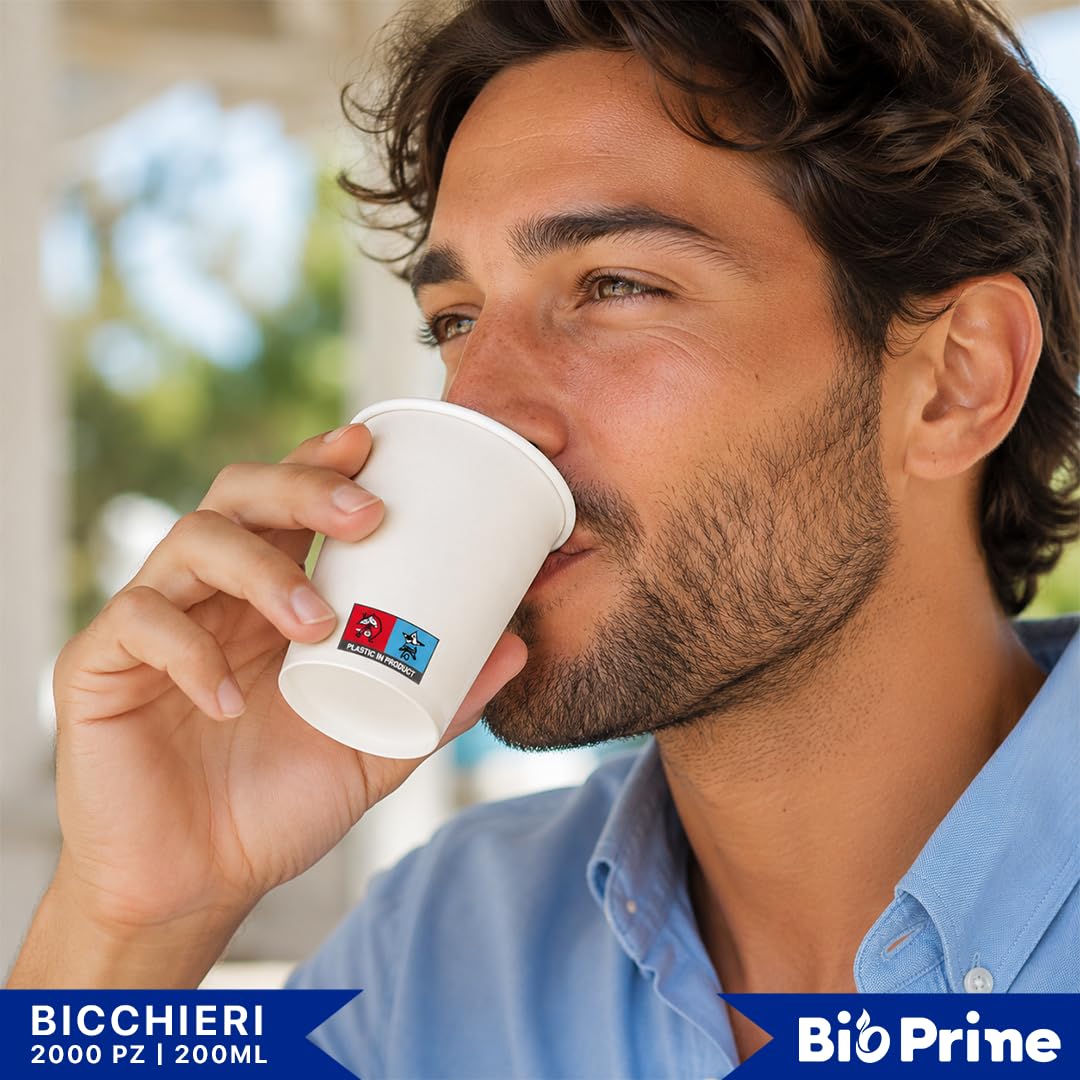 Bicchieri Acqua in Carta 200ml - Biodegradabili - Per Bevande Calde, Acqua e Bibite - Bicchieri Usa e Getta. (Bianco, Quantità 2000pz)