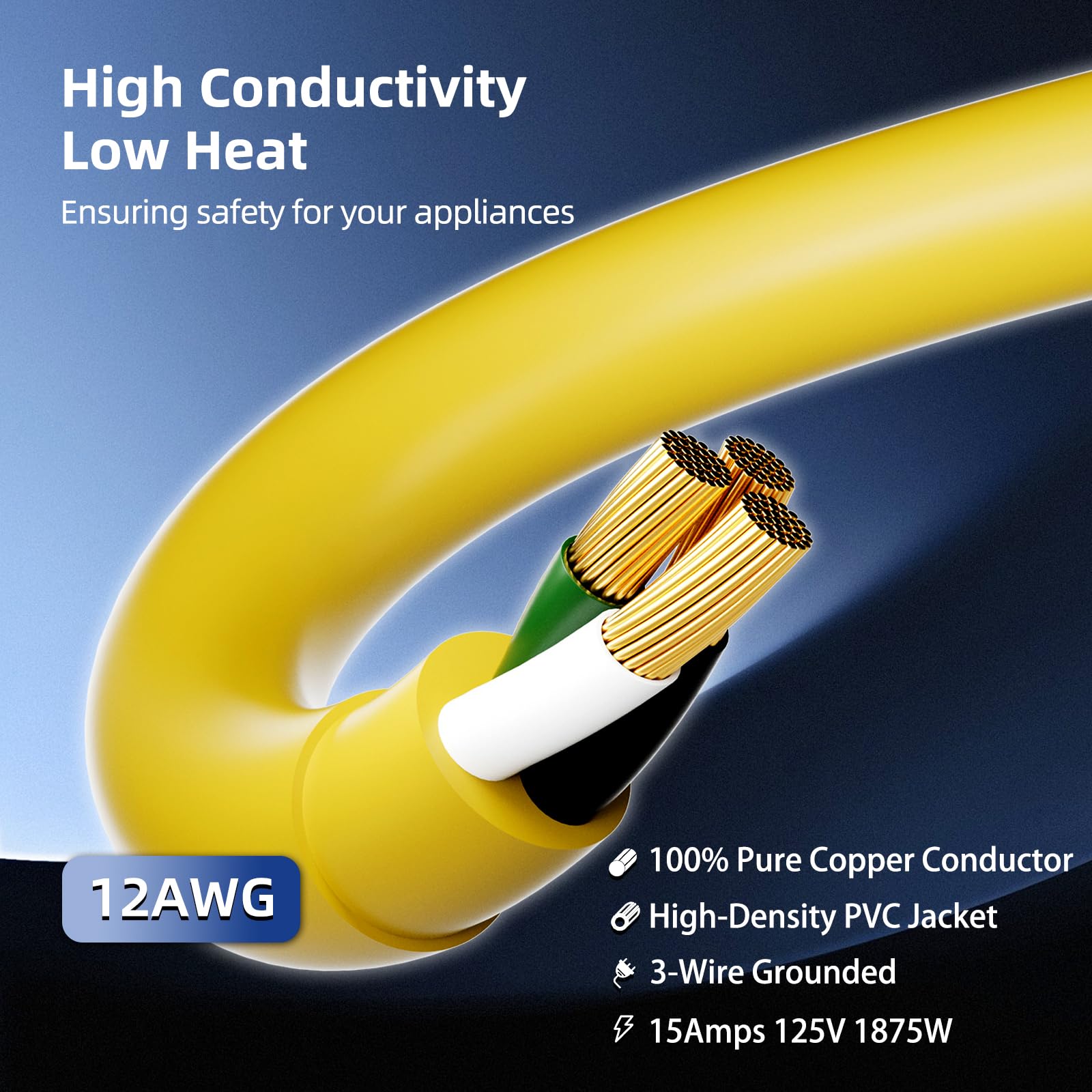 Cable de extensión para exteriores de 25 pies con múltiples tomas, calibre 12, cable de extensión amarillo impermeable con 3 tomas, cable de alimentación de 3 clavijas para luz
