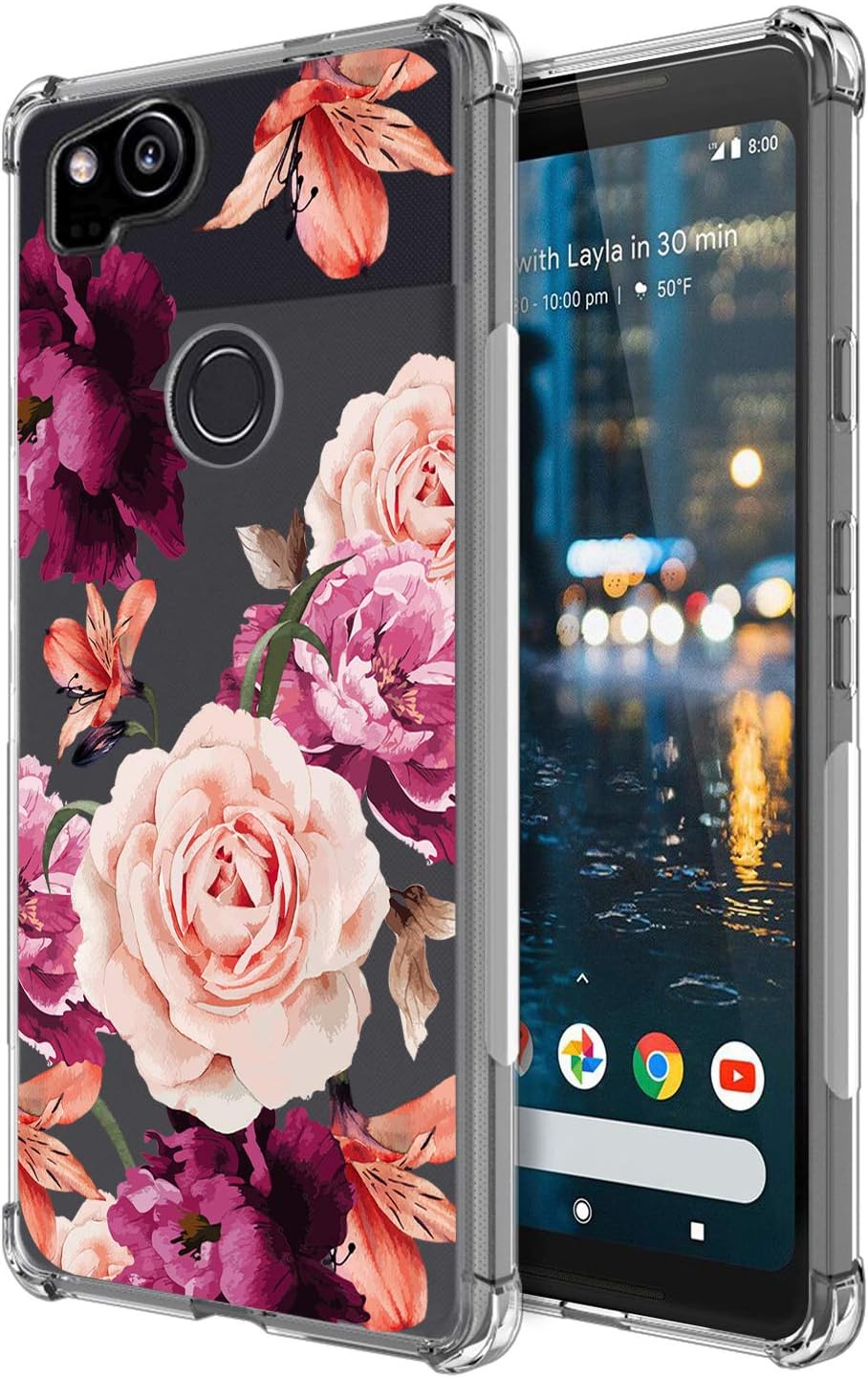Flowers Shockproof Phone Case for Google Pixel 2, Clear with Floral Design Slim Flexible Cute Girly Cell Phone Cover with Bumper Corner for Girls Women
