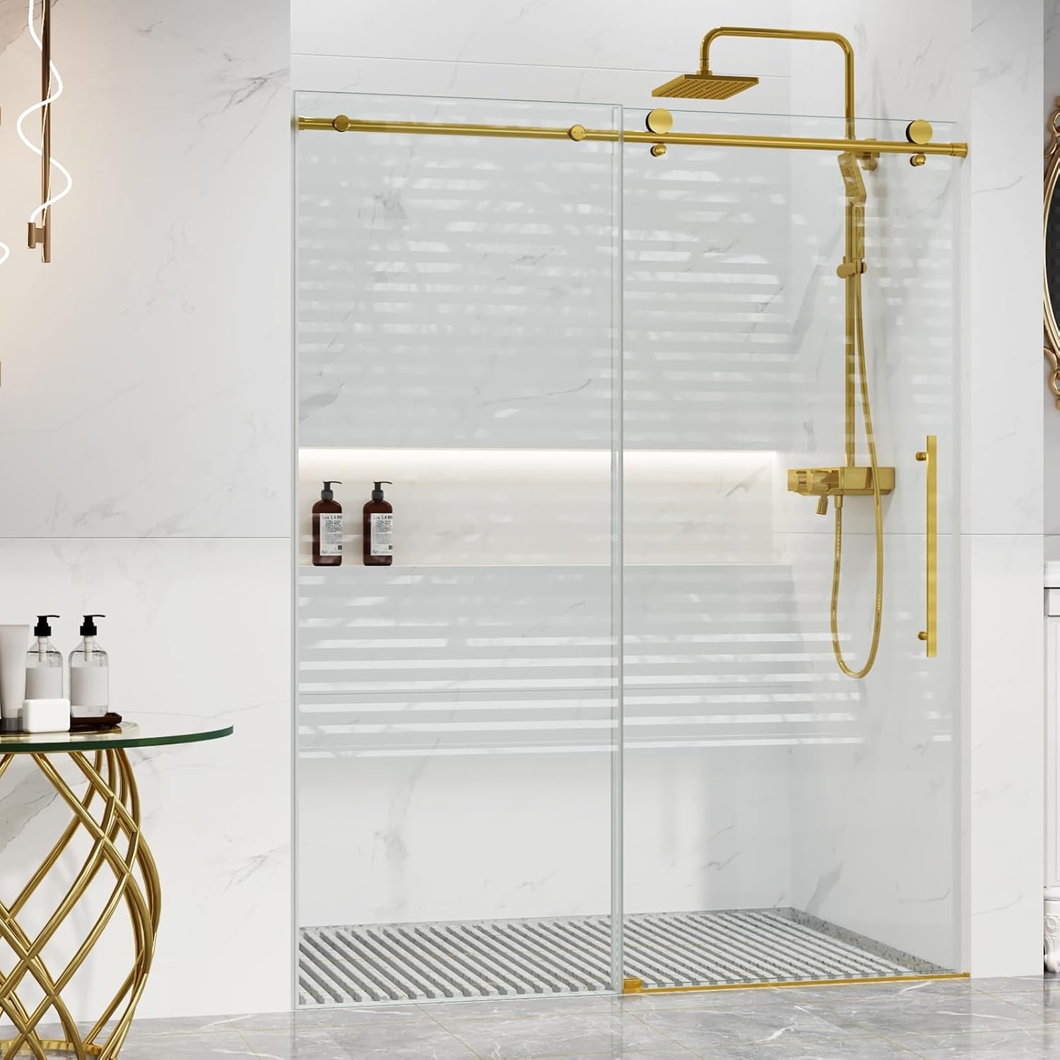 Garveehome Shower Glass Door (56-60 in W x 75 in H), Frameless Shower Door with Clear SGCC Tempered Glass 5/16 in (8 mm), Shower Sliding Door with Waterroof Seal Strip, Stainless Steel Hardware, Gold