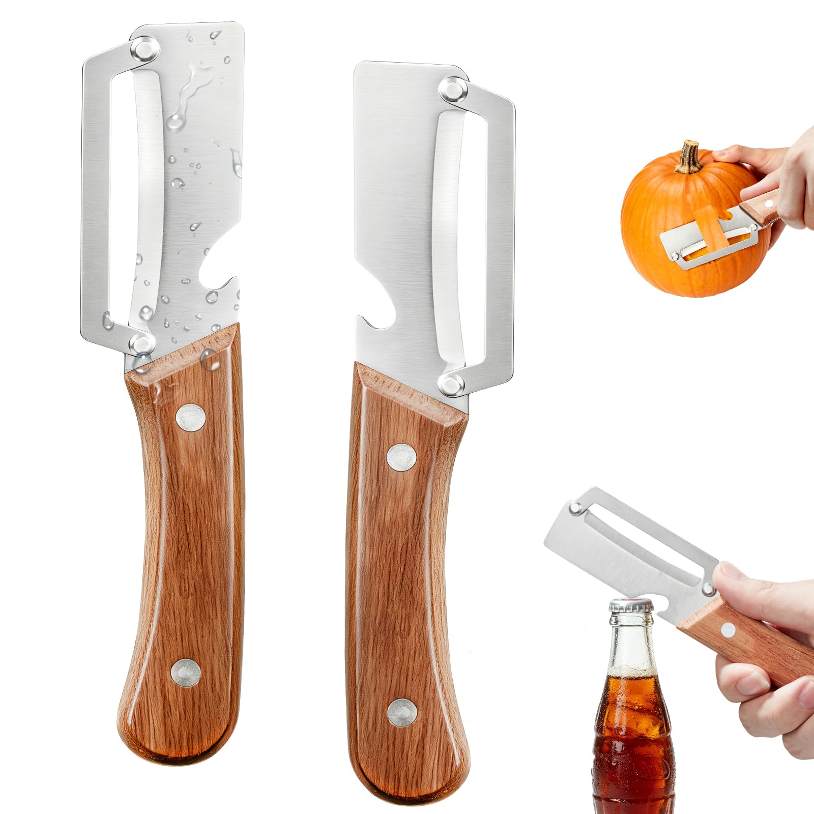 2 Pack 2-in-1 Vegetable Peeler with Bottle Opener - Stainless Steel Blade, Wooden Handle, Heavy Duty Peeler for Potato, Carrot, Pineapple, Pumpkin, Sugarcane(Left and Right Combo)