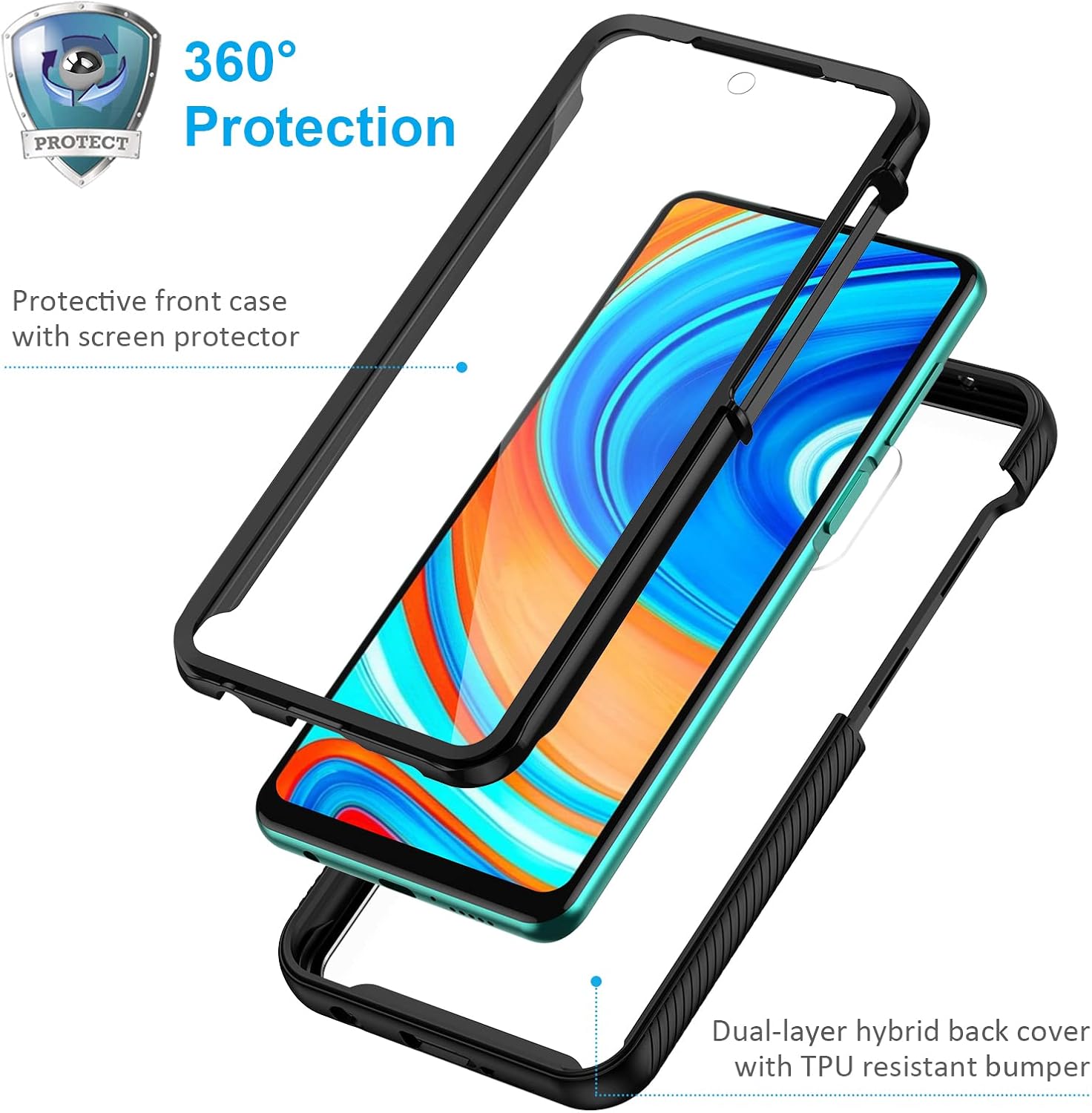 seacosmo Xiaomi Redmi Note 9 Pro Case, Redmi Note 9s Case, Full Body Shockproof Cover [with Built-in Screen Protector] Slim Fit Bumper Protective Phone Case for Note 9 Pro Max - Black