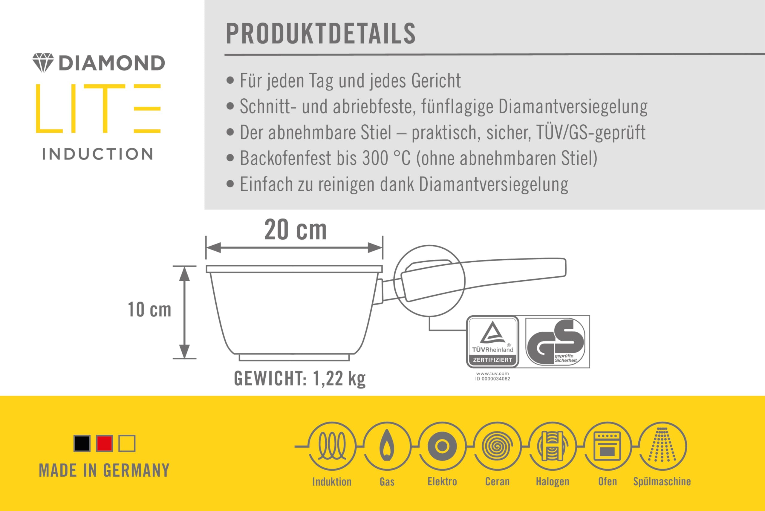 Woll Diamond Lite Stieltopf - Induktiv -, Ø 20 cm, 10 cm hoch, 2.5 Liter, mit abnehmbarem Stiel - Geeignet für alle Herdarten, Aluminiumguss, Antihaft-Versiegelung, backofenfest, anthrazit