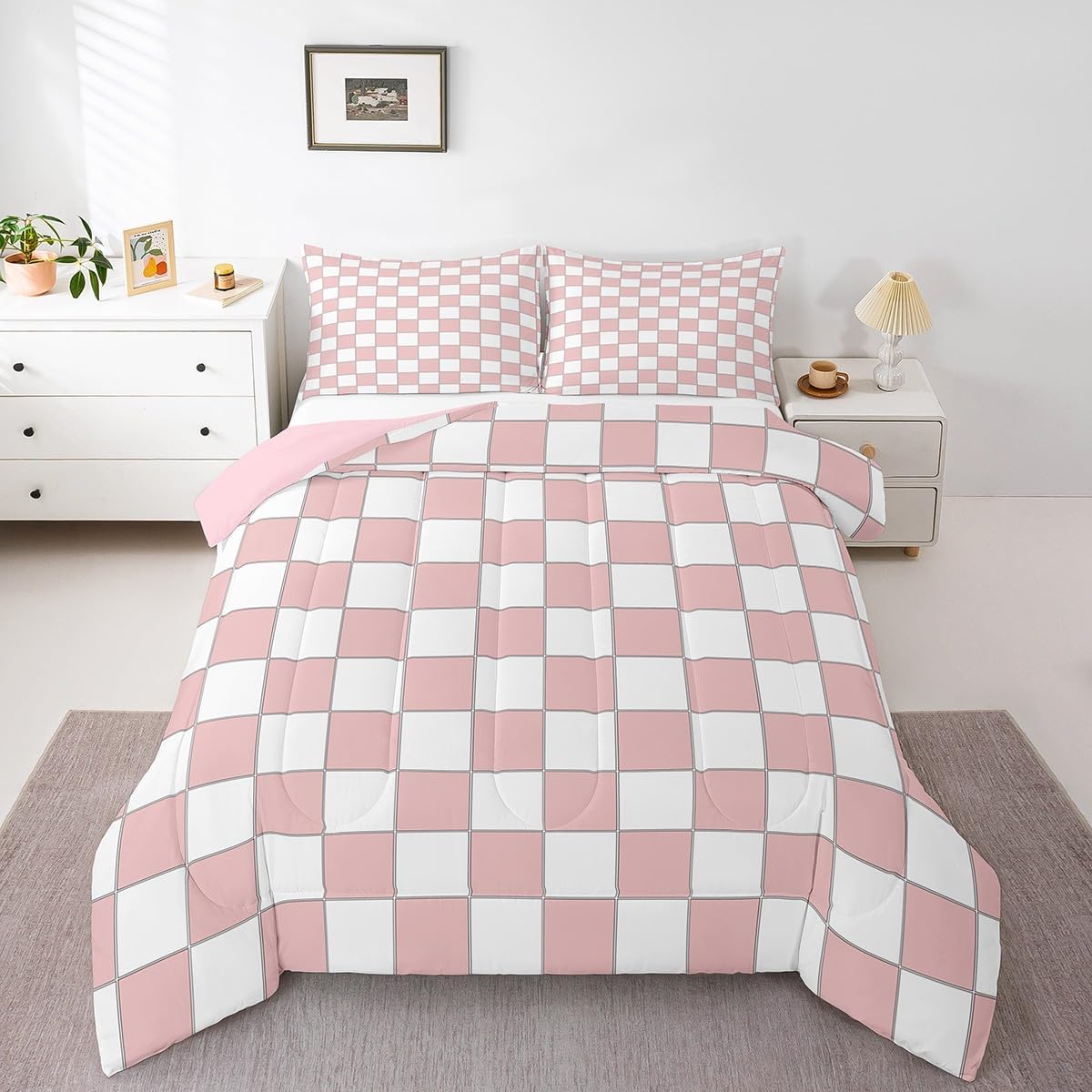 Erosebridal White Pink Plaid Comforter Set Twin Light Pink Checkerboard Bedding Set for Kids Girls Teen,Checkered Grid Quilt Set Modern Aesthetic Geometric Bed Set Room Decor
