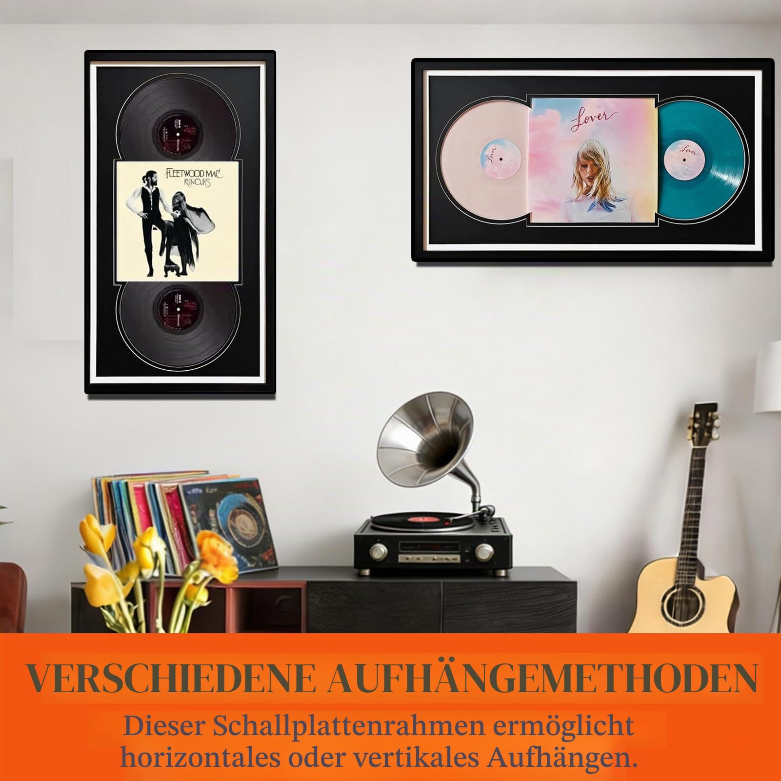 Schallplattenrahmen Doppel Lp, 86 x 48 cm, Doppel-Vinyl Rahmen zum Aufhängen im Hoch- & Querformat, UV-Schutz, kratzfestes Acryl, einfache Wandmontage, Holz, Schwarz