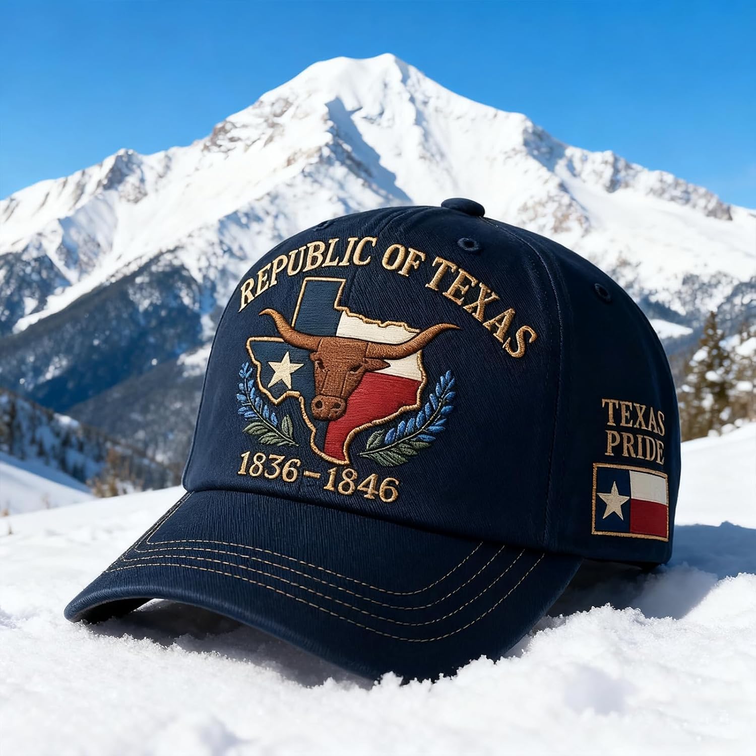 Republic of Texas Commemorative Hat – Hand Embroidered Baseball Cap with Dome Top and Short Brim, Totem National Style Blue-Black - Image 3